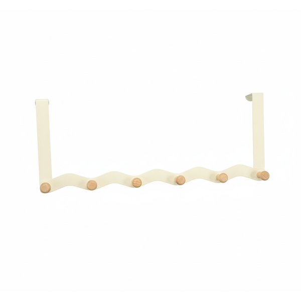 Over the Door 6-Hook Organizer Rack | No-Drill, Wooden Pegs, Cream Metal