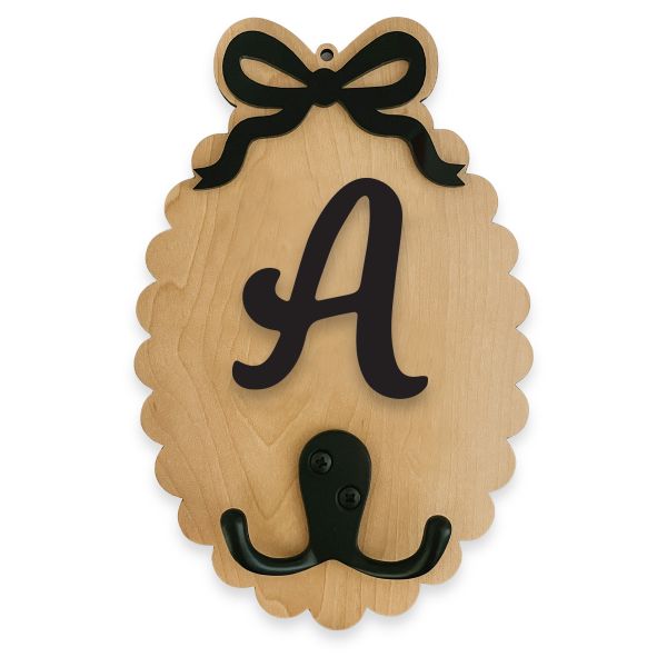 Black Acrylic &amp; Veneer Wood Initial Scallop Bow Design School Bag Hook
