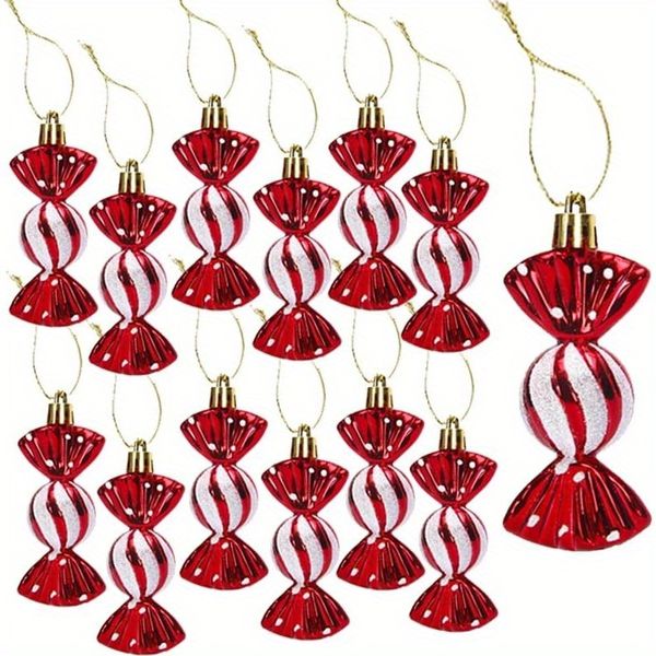 12 Red &amp; White Candy Cane Ornaments, Shiny Gold Caps, Battery-Free Decor