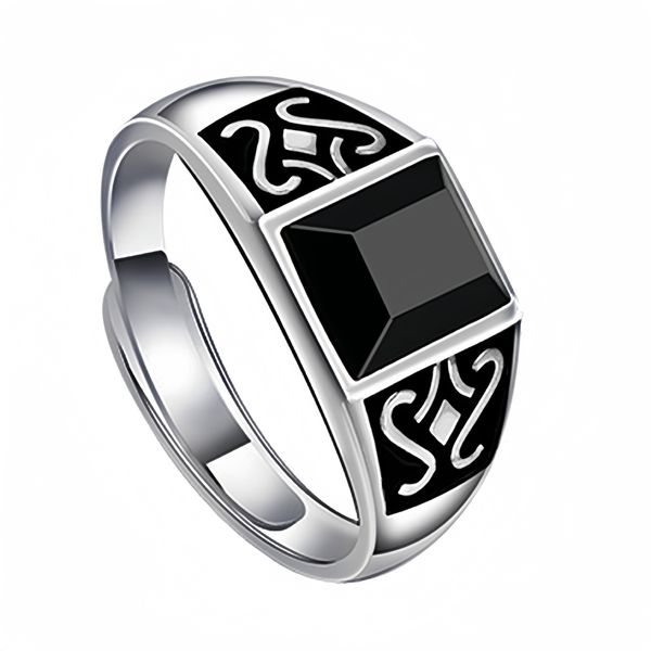 Popular Black Zircon Rings Men Retro Auspicious Cloud Pattern Obsidian Open