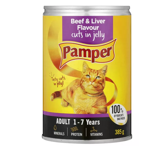 Pamper Beef &amp; Liver Flavour Cuts in Jelly Moist Cat Food (12 Cans x 385g)