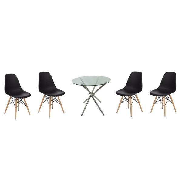 5 Piece Glass Table and White Wooden Leg Chairs