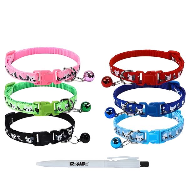 Assorted Cute Cat Faces Pattern Pet Collar With A Bell With ReVibe Pen
