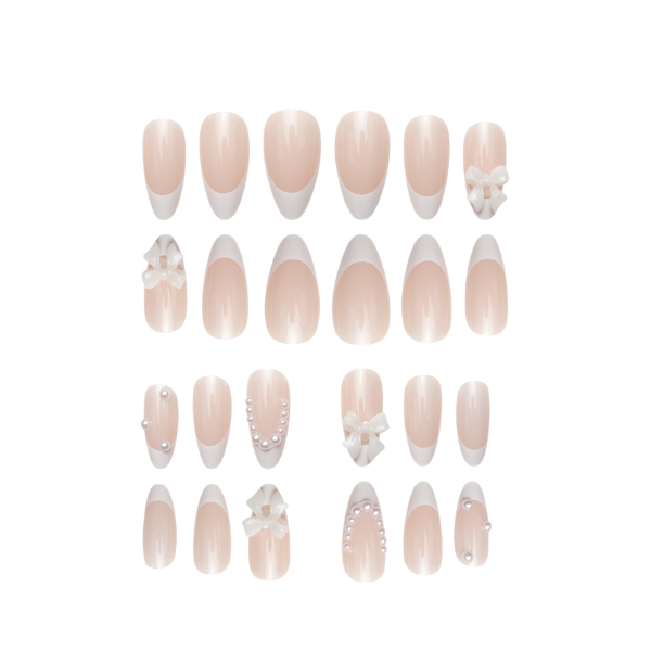 24pcs Elegant Almond French Tip Press-On Nails With Bows &amp; Pearls - White