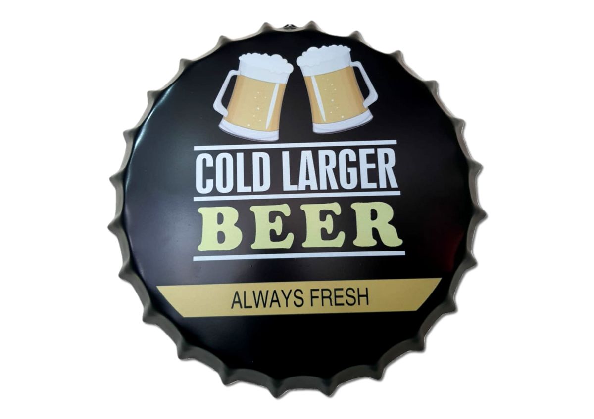 Retro Vintage Decorative Wall Metal Bottle Cap Sign = Cold Larger Beer