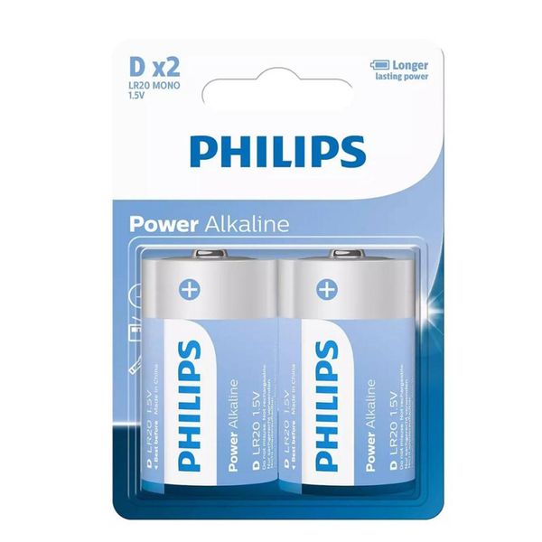 Philips Alkaline LR20P2B D Batteries 2 Pack - Long-Lasting Power