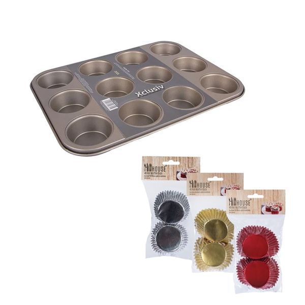 Non Stick Muffin Pan 12 Cup Golden Color + Baking Cup Foil Muffin 40pce