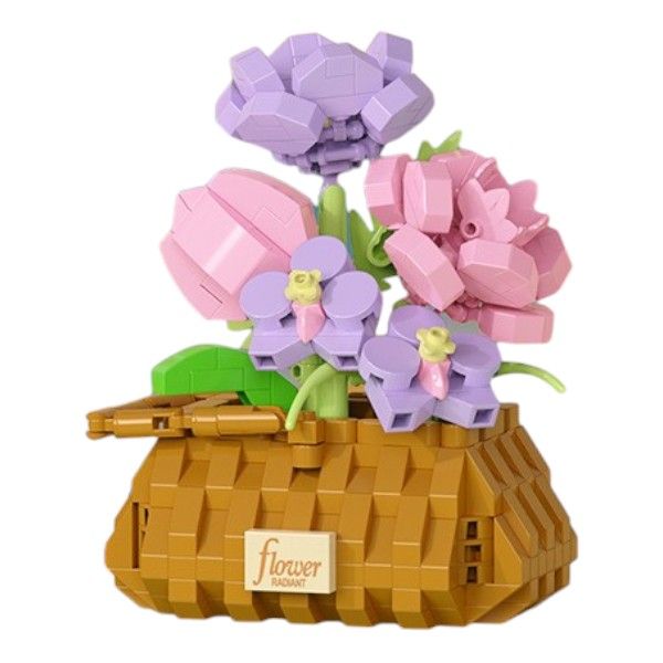 418 Pieces Rose And Tulips Flower Basket Building Blocks Set - Purple/Pink