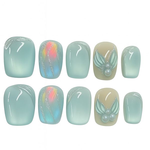 10 Piece - Iridescent Almond Shape Press-On Nails - Mint Green