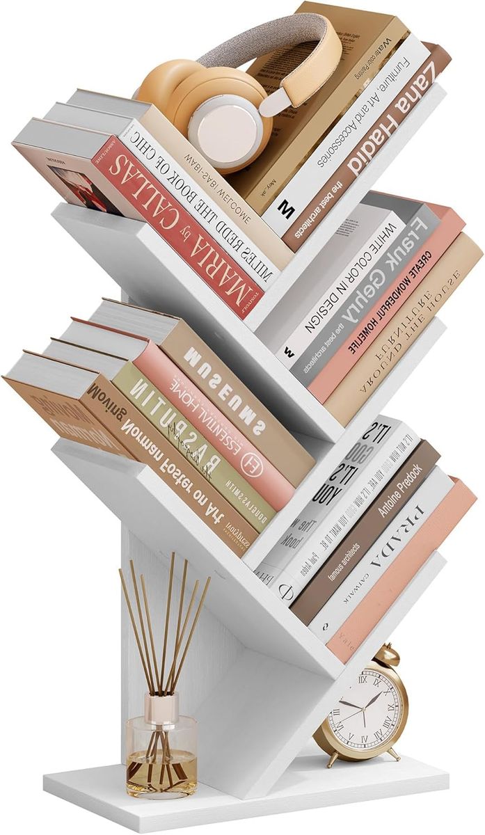 4 Tier Tree Bookshelf Free Standing Wood Bookcase Space-Saving Floor Stand