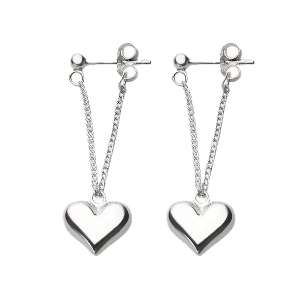 Silver Heart Drop Earrings On Delicate Back Connecting Chain
