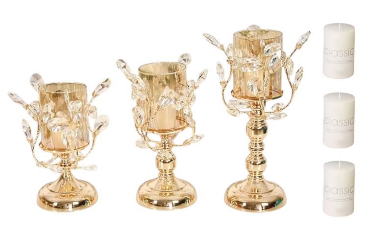 Large Gold Crystal Leaf Candle Holder Set with Glass Covers &amp; Candles