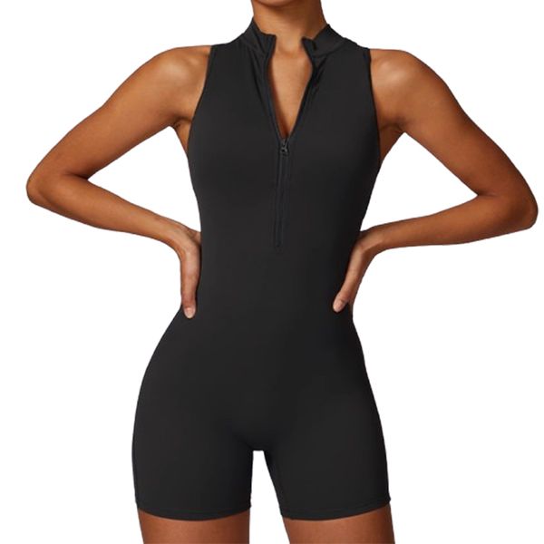 Women's Stand Collar Half-Zip Jumpsuit Shorts