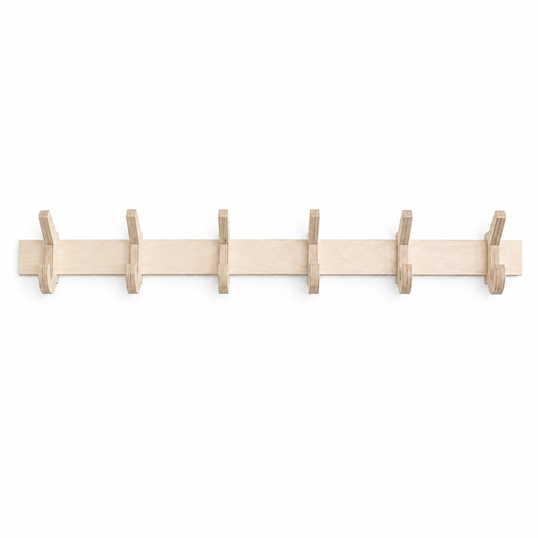 Wall Mounted Hook Rack - 6 Adjustable Hooks - Birch Plywood