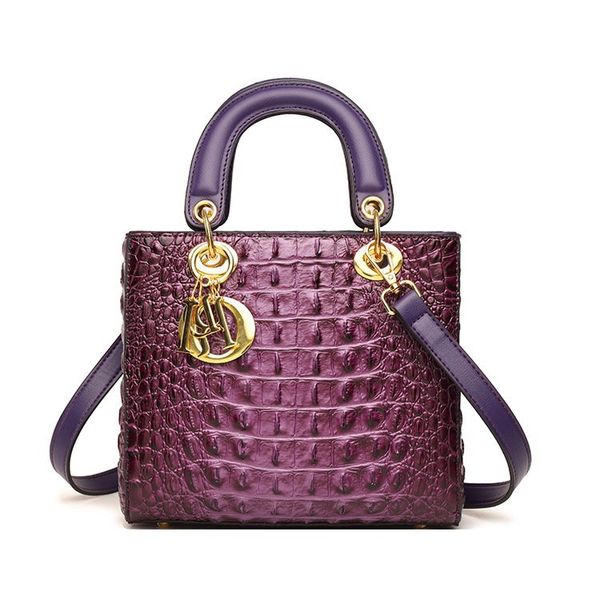 Luxury Designer Crocodile Leather Handbag with Attachable Strap Purple