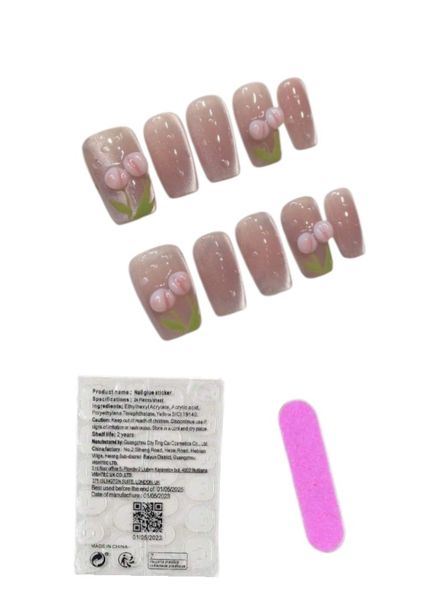 10 Piece - Pink Glossy Floral Coffin Press-On Nails with 3D Cherry Blossoms