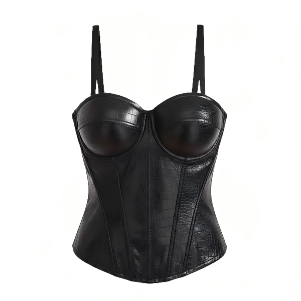 Faux Leather Corset Bustier Top Adjustable Shoulder Straps Design