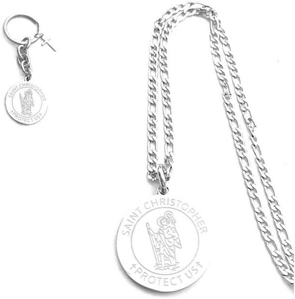 Stainless steel 60cm figaro style 3mm chain Christopher medallion pendant