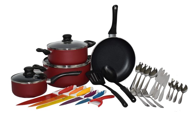 Tissolli 9 Piece Non-Stick Aluminium Red Set With 6 Piece Knife Set + 16 Piece Cutlery