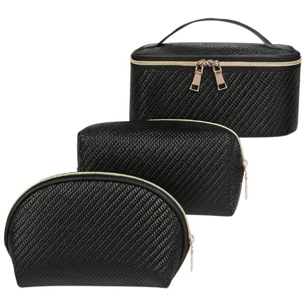 3 Piece - Makeup Bag Set With Vanity Case &amp; Pouch - Black
