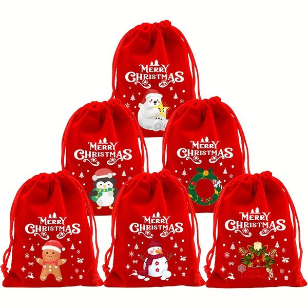 Velvet Christmas Drawstring Gift Bags - 6 Pack