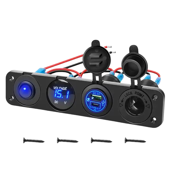 Automotive 4-in-1 Switch/ Socket Panel: Switch, Volt, USB/ PD &amp; Cig Port