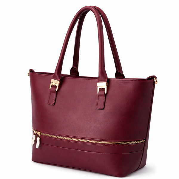 Women's PU Leather Tote Handbag with Front Zip Pocket - Burgundy or Navy