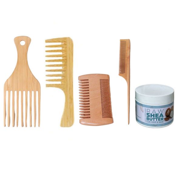 Bamboo Detangling Hair Brush Comb 4 Pieces Set &amp; Raw Shea Butter