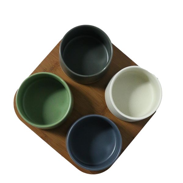 5-Piece Stoneware Serving Set with 4 Colorful Bowls on Bamboo Tray 22cm