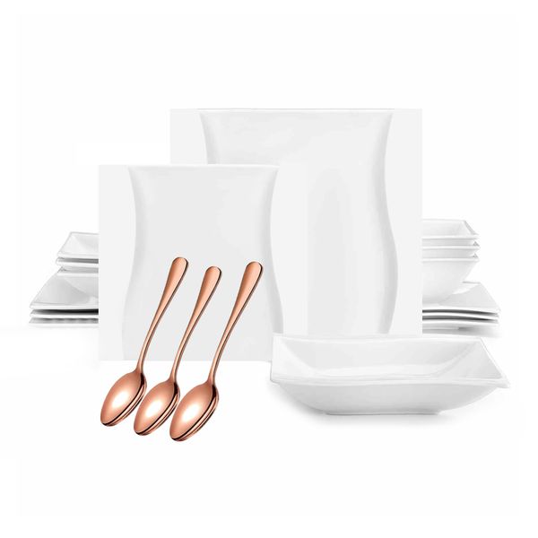 21 Pieces - White Glossy Finish Elegant Design Ceramic Dinnerware Set