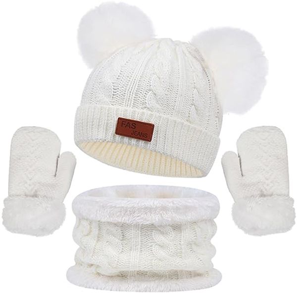 3Pack Baby Winter Beanie Scarf Glove Set Pom Pom Knitted Hat Mitten Scarves