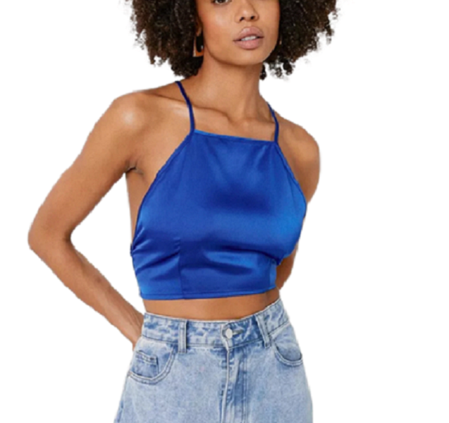 Satin Open Back Halter Summer Top - Blue image