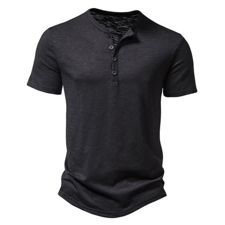 Henley Collar Summer Men Casual Solid Color Short Sleeve Polo T