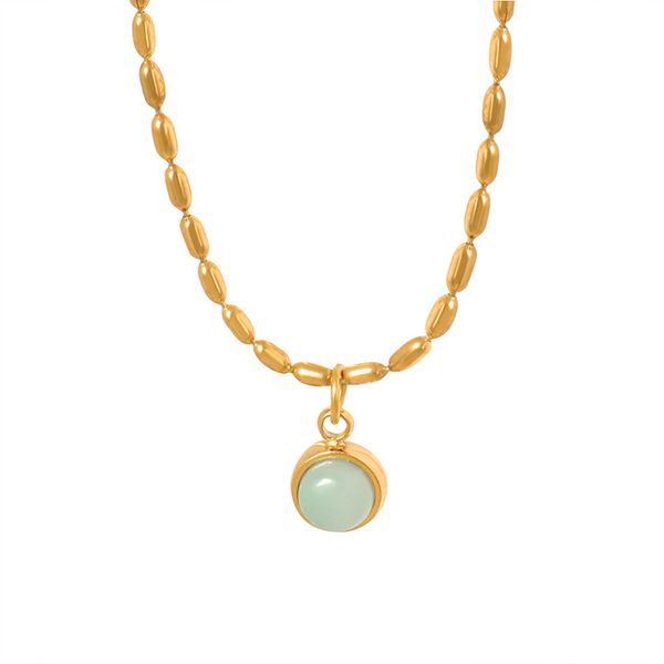 P1432 Women's Gold Rice Bead Chain Artificial Stone Pendant Necklace