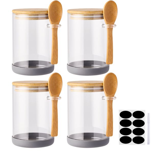 Chenshia 4 Piece 450ml Glass Jars with Bamboo Lids and Spoons,Food Containers