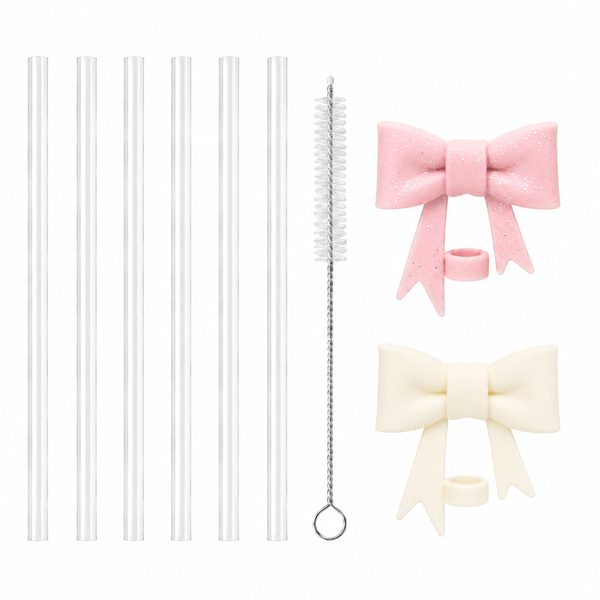 6 Piece Reusable Straws with Cleaning Brush &amp; 2 Bow Straw Toppers