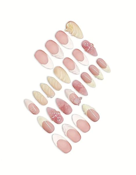 24 pcs Almond Pink and Yellow Nails