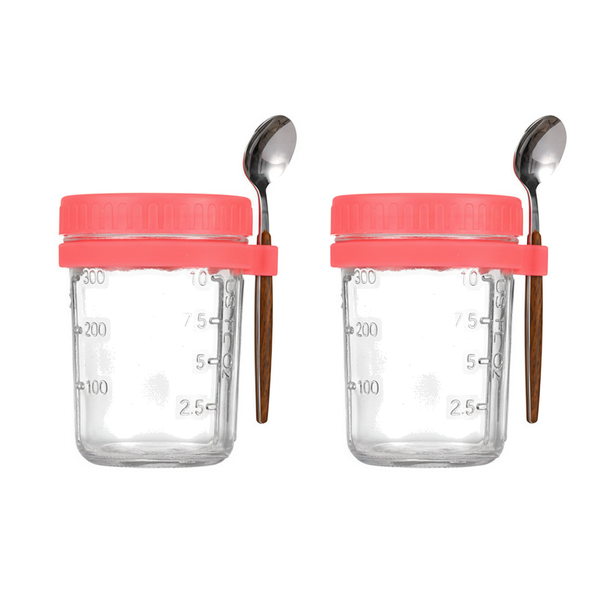 2 Pack 400ml Glass Breakfast Cup With Spoons - Rose Red