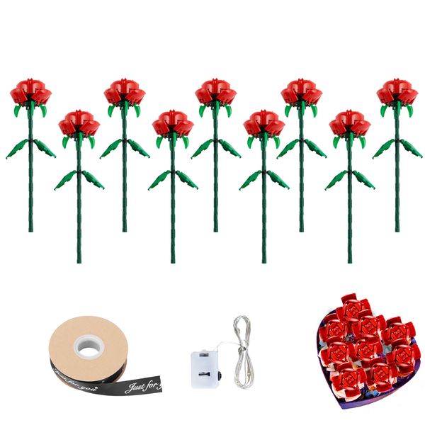 9 PCs Flower Bouquet Building Block Set - Red Rose Toy Set