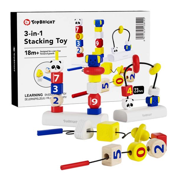 TopBright - 3-in-1 Fine Motor Stacking &amp; Lacing Blocks Toy