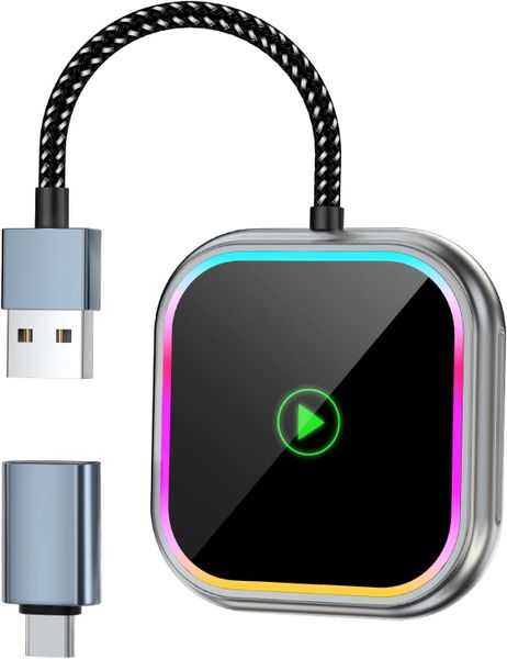Wireless CarPlay &amp; Android Auto Adapter with RGB Light, USB-A/C