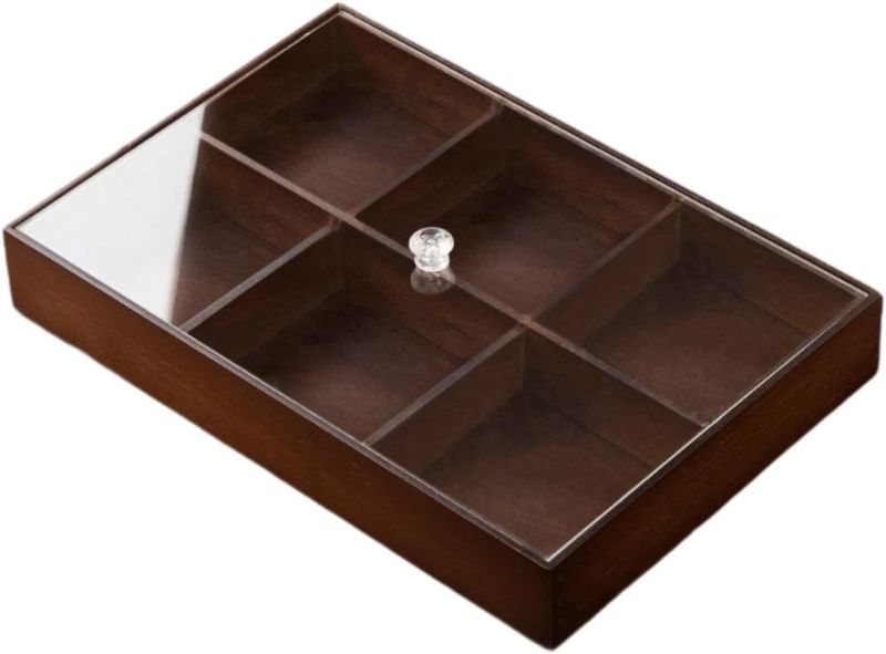 6-Grid Bamboo Serving Tray with Clear Acrylic Lid for Snacks, Sweets, Nuts