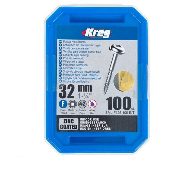 Kreg Zinc Pocket Hole Screws 32mm 1.25" #7 Fine Thread Mx Loc 100ct