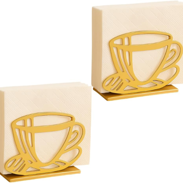 Napkin Holder Gold Metal Coffee Mug Design Set of 2