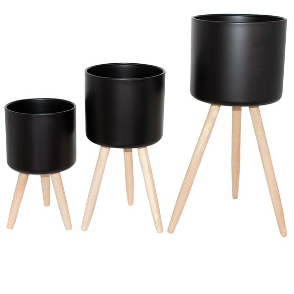 Pot Plant Stands with Wooden Legs - Set of 3