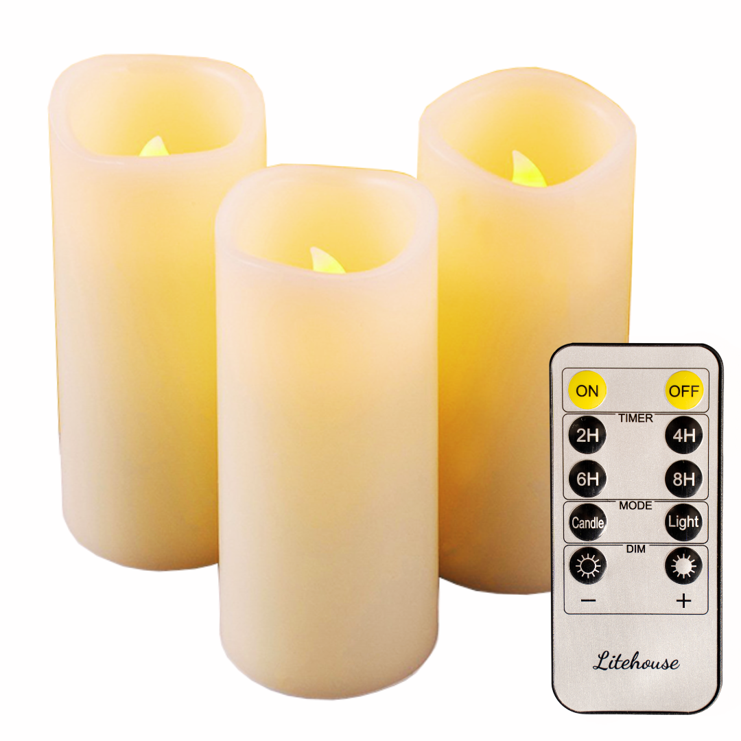 Litehouse LED Flameless Pillar Candle Set Real Wax 3 Pack Shop