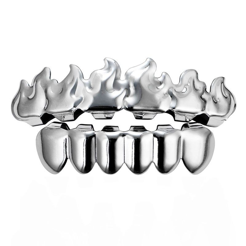 Teeth Grillz in Silver with Flaming Fire Upper Row Design Shop Today