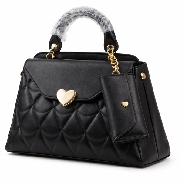 Quilted Top Handle Handbag with Gold Heart Clasp and Chain Strap