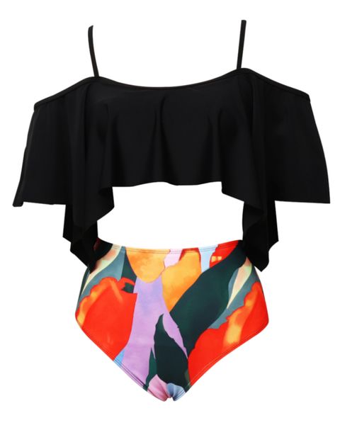 Olive Tree - Ladies Wide Ruffled Flounce Bikini Swimsuit - Black