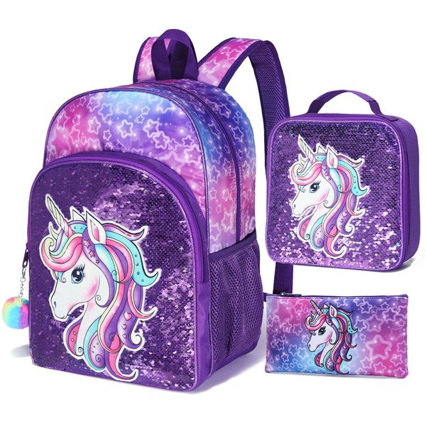 3PCS Girls Unicorn Backpack Set With Lunch Bag &amp; Pencil Case, 16 Inch